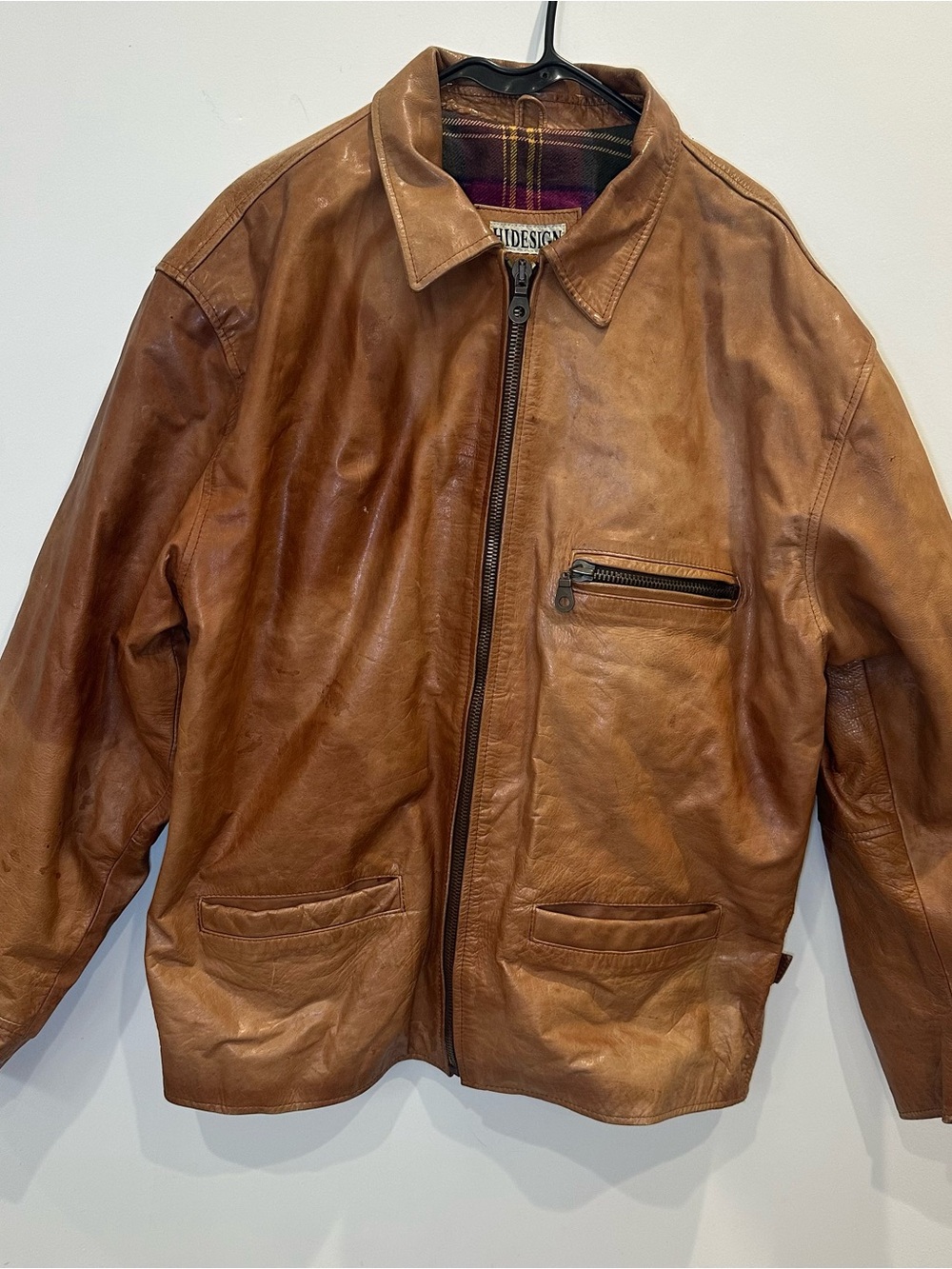 Vintage HIDESIGN Men’s Brown Genuine Leather Jacket Plaid Lined Full Zip Size XL